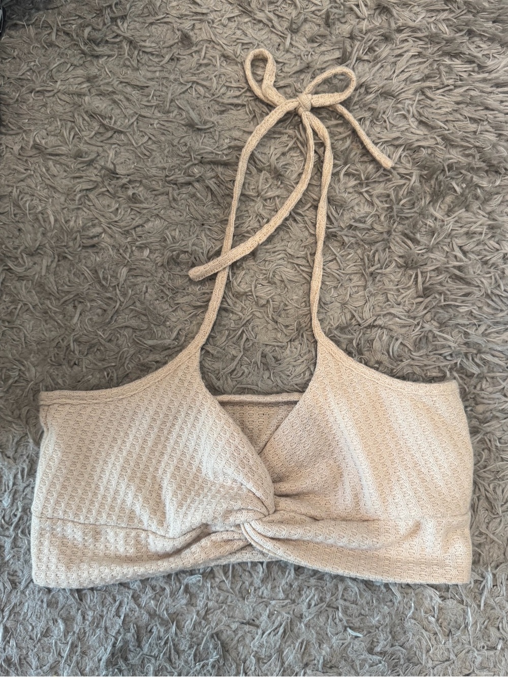 Beige Halter Knit Twist Front Crop Top